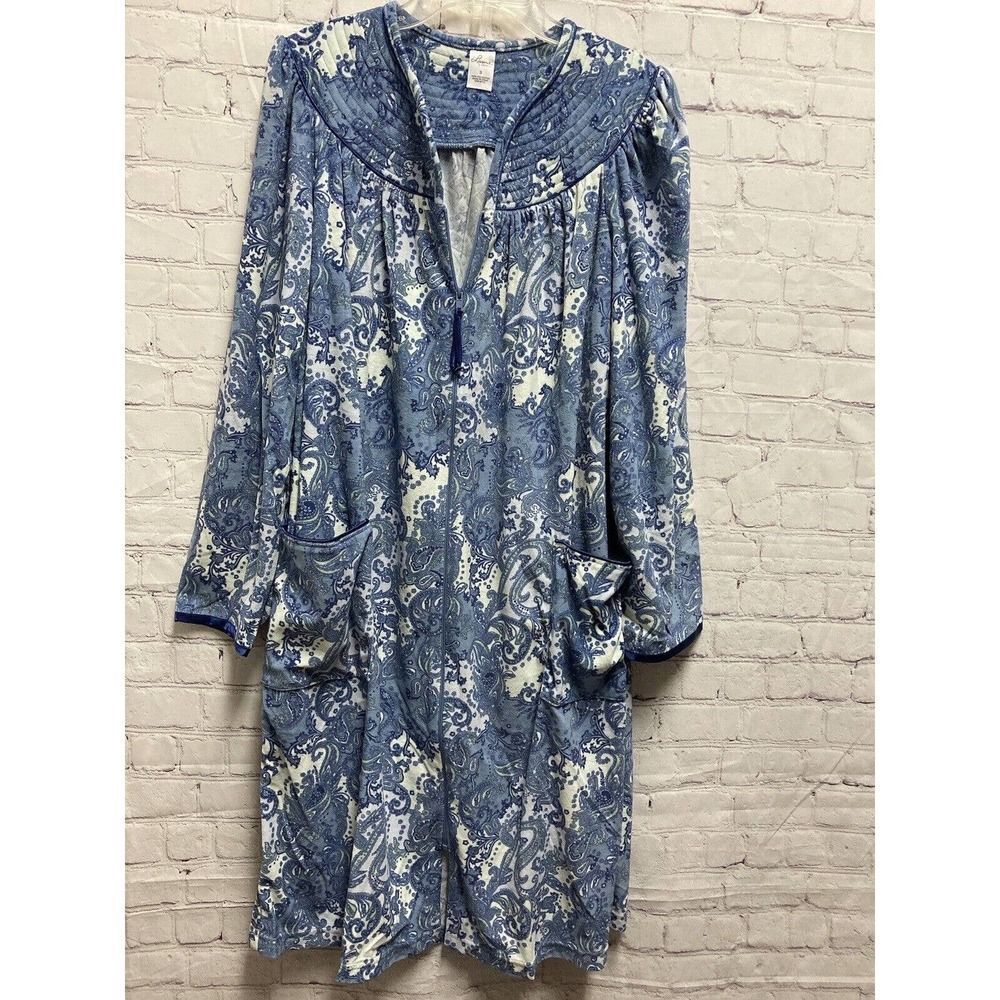 Lissome Lounge Robe Housecoat Soft Front Zip 2 Pocket Paisley Blue White Sz S